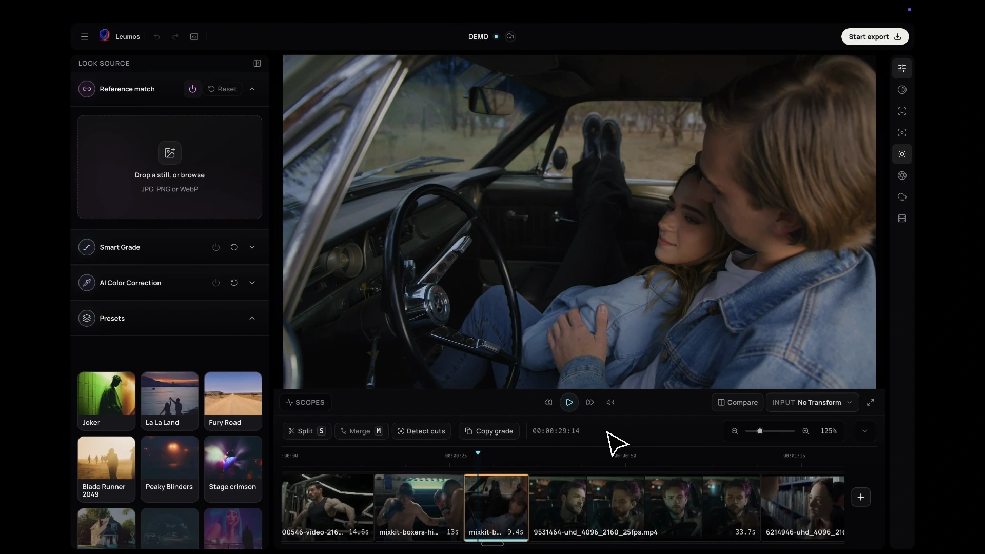 Leumos Studio showing a selected video shot, reference-match panel and timeline